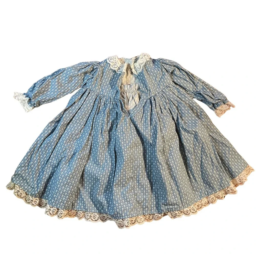 Vintage Handmade‎ Doll Clothes Blue Floral Print Dress Bloomers Set Cottagecore